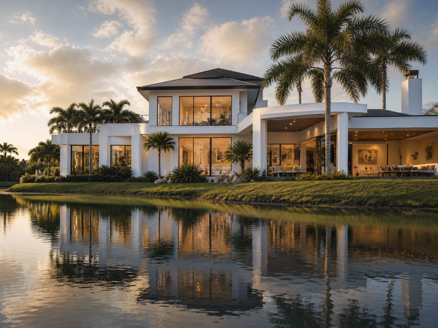 Modern lakefront home in Central Florida at golden hour